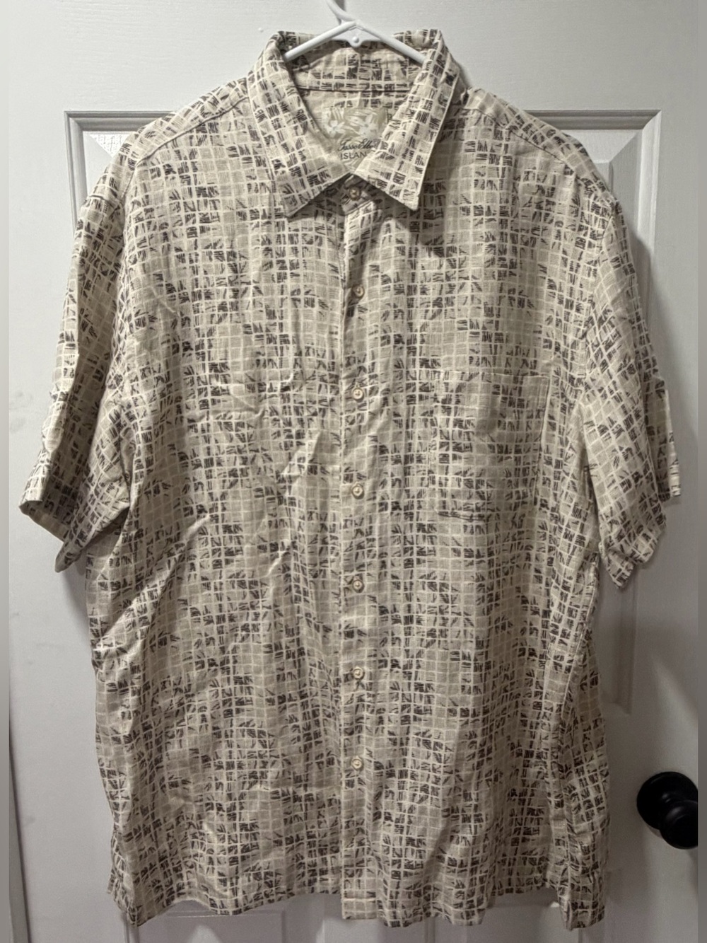 Tasso Elba Island Men's XL Shirt Silk Linen Blend Beige Geometric Camp Resort